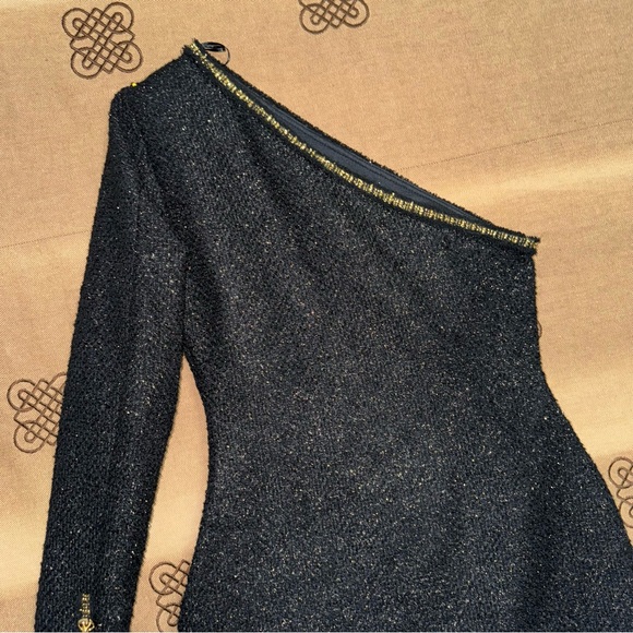 Zara NWT! Black/Gold Asymmetric Textured Shoulder Pad Mini Dress Size S - Picture 11 of 15